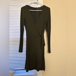 Express green striped cotton wrap long sleeve dress